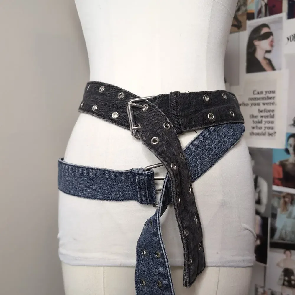Denim Grommet Double Belt Set